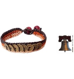 Handmade Beaded Wristband Bracelets Brass Coin Pair Wood No Stone Thailand Good Fortune [7.5 in min L x 8.25 in max L x 0.6 i...