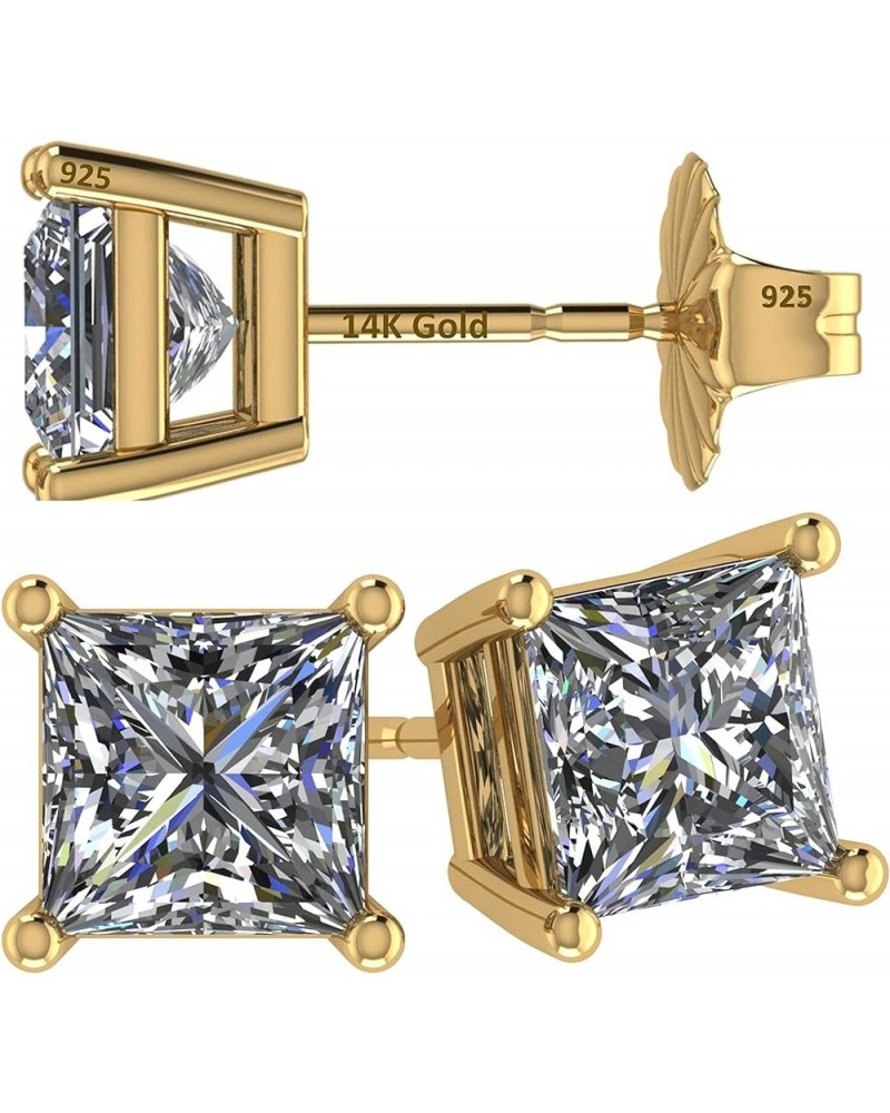 14K Gold Posts & Sterling Silver Princess Cut CZ Stud Earrings w/Pure Brilliance Zirconia, 1.50-4.00ctw 14k gold post & sterl...