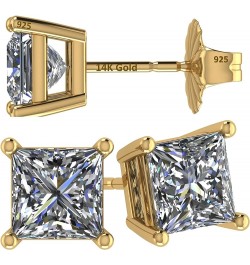 14K Gold Posts & Sterling Silver Princess Cut CZ Stud Earrings w/Pure Brilliance Zirconia, 1.50-4.00ctw 14k gold post & sterl...