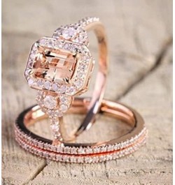 2PCS Gorgeous 18K Rose Gold Plated Morganite Ring Engagement Bridal Women Jewelry Set Morganite White Topaz Ring Set Women Br...