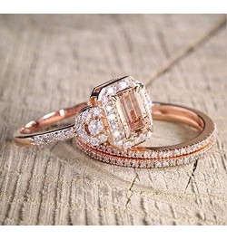 2PCS Gorgeous 18K Rose Gold Plated Morganite Ring Engagement Bridal Women Jewelry Set Morganite White Topaz Ring Set Women Br...