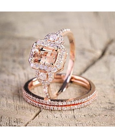 2PCS Gorgeous 18K Rose Gold Plated Morganite Ring Engagement Bridal Women Jewelry Set Morganite White Topaz Ring Set Women Br...