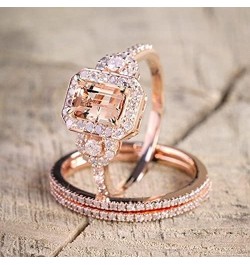 2PCS Gorgeous 18K Rose Gold Plated Morganite Ring Engagement Bridal Women Jewelry Set Morganite White Topaz Ring Set Women Br...