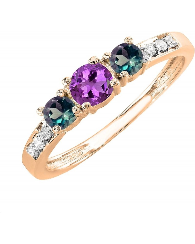 3.5mm Round Natural Amethyst & 2.4mm Lab Created Alexandrite with Natural White Diamond Three Stone Ring for Women in 18K Gol...