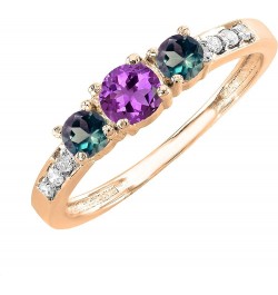 3.5mm Round Natural Amethyst & 2.4mm Lab Created Alexandrite with Natural White Diamond Three Stone Ring for Women in 18K Gol...