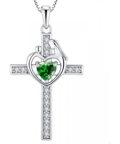 Mom Cross Necklace Sterling Silver Mother and Children Pendant Gemstones Crucifix Jewelry for Women 5-emerald-May $29.90 Neck...