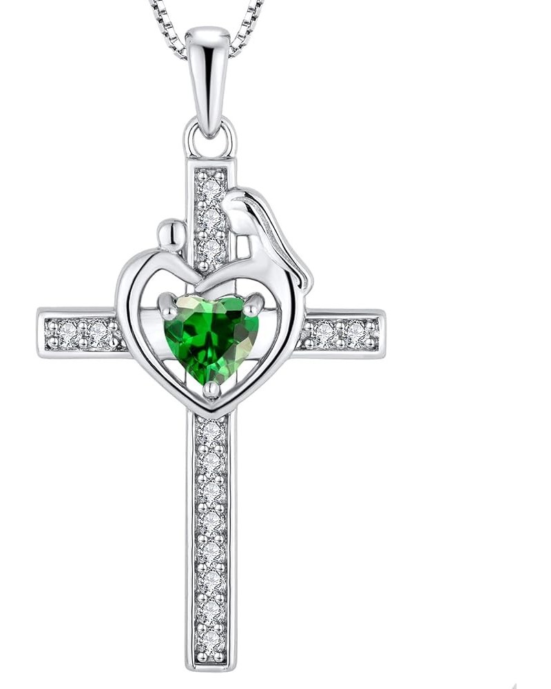 Mom Cross Necklace Sterling Silver Mother and Children Pendant Gemstones Crucifix Jewelry for Women 5-emerald-May $29.90 Neck...