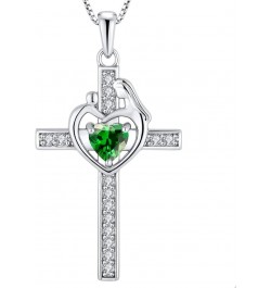 Mom Cross Necklace Sterling Silver Mother and Children Pendant Gemstones Crucifix Jewelry for Women 5-emerald-May $29.90 Neck...