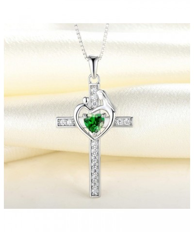 Mom Cross Necklace Sterling Silver Mother and Children Pendant Gemstones Crucifix Jewelry for Women 5-emerald-May $29.90 Neck...