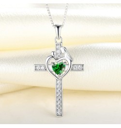 Mom Cross Necklace Sterling Silver Mother and Children Pendant Gemstones Crucifix Jewelry for Women 5-emerald-May $29.90 Neck...