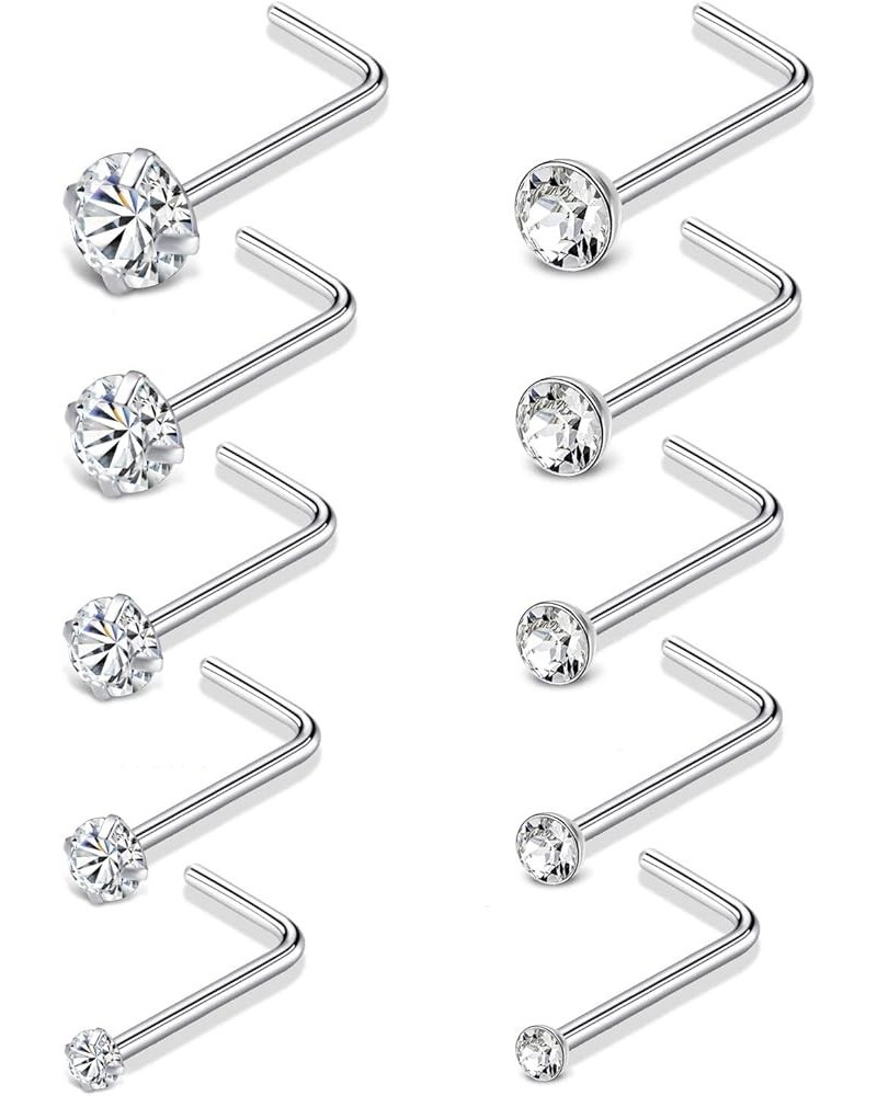 20G 10Pcs Stainless Steel L Screw Bone Shaped Nose Studs Rings Square Round CZ Nose Ring Labret Nose Piercing Jewelry for Men...