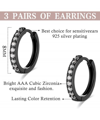 3 Pairs Sterling Silver Small Hoop Earrings Cubic Zirconia Cuff Earrings | Tiny Cartilage Huggie Hoop Earrings Piercing Jewel...