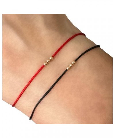 14K Solid Gold Bead Ball Red String Bracelet - Thin - Unisex Kabbalah Protection Jewelry with Clasp - Yellow Gold Accents - T...