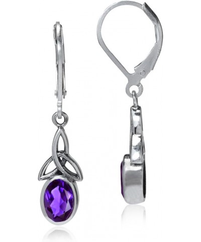 925 Sterling Silver Triquetra Celtic Knot Leverback Dangle Earrings Natural African Amethyst - February white gold plated $12...