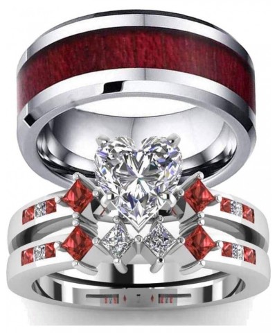 Couple Rings White Gold Filled Heart cut Blue Cz Womens Wedding Ring Sets Stainless Steel Men Wedding Band Red Men size7 $11....