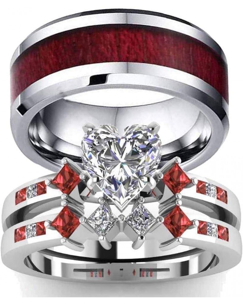 Couple Rings White Gold Filled Heart cut Blue Cz Womens Wedding Ring Sets Stainless Steel Men Wedding Band Red Men size7 $11....