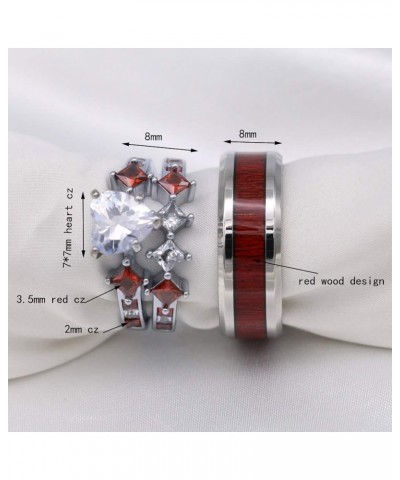 Couple Rings White Gold Filled Heart cut Blue Cz Womens Wedding Ring Sets Stainless Steel Men Wedding Band Red Men size7 $11....