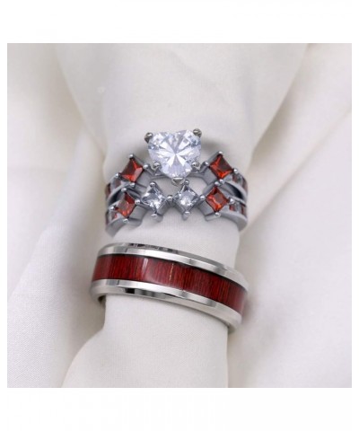 Couple Rings White Gold Filled Heart cut Blue Cz Womens Wedding Ring Sets Stainless Steel Men Wedding Band Red Men size7 $11....