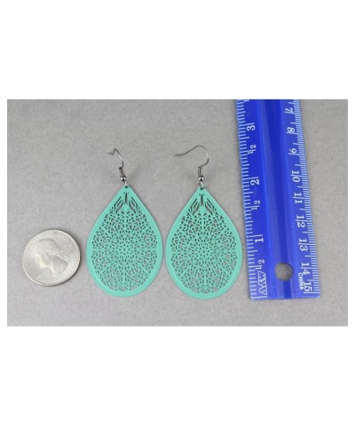 teal Aqua Turquoise Earrings Teardrop Dangle Very Lightweight Filigree 2.5" Long Oval pendant Turquoise Dark Grey ear wires $...