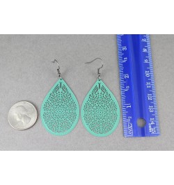 teal Aqua Turquoise Earrings Teardrop Dangle Very Lightweight Filigree 2.5" Long Oval pendant Turquoise Dark Grey ear wires $...