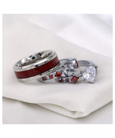 Couple Rings White Gold Filled Heart cut Blue Cz Womens Wedding Ring Sets Stainless Steel Men Wedding Band Red Men size7 $11....