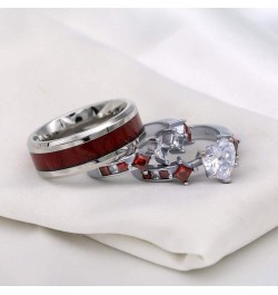 Couple Rings White Gold Filled Heart cut Blue Cz Womens Wedding Ring Sets Stainless Steel Men Wedding Band Red Men size7 $11....