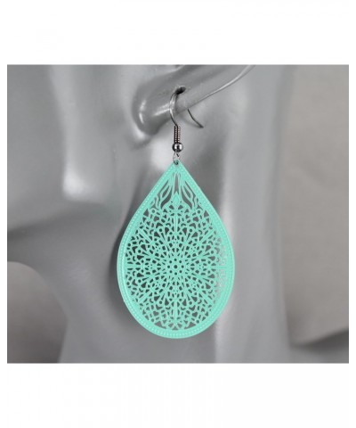 teal Aqua Turquoise Earrings Teardrop Dangle Very Lightweight Filigree 2.5" Long Oval pendant Turquoise Dark Grey ear wires $...