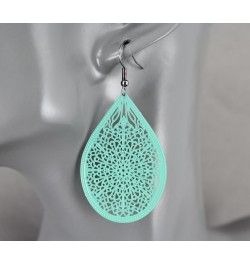 teal Aqua Turquoise Earrings Teardrop Dangle Very Lightweight Filigree 2.5" Long Oval pendant Turquoise Dark Grey ear wires $...