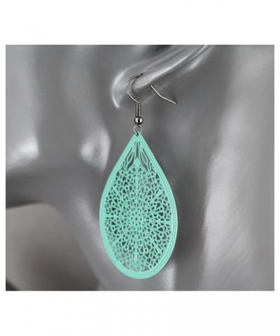 teal Aqua Turquoise Earrings Teardrop Dangle Very Lightweight Filigree 2.5" Long Oval pendant Turquoise Dark Grey ear wires $...