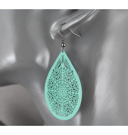 teal Aqua Turquoise Earrings Teardrop Dangle Very Lightweight Filigree 2.5" Long Oval pendant Turquoise Dark Grey ear wires $...