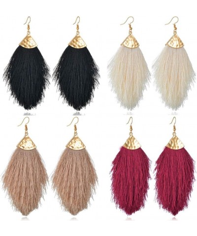 Fashion Bohemian Silky Thread Fan Fringe Tassel Statement Earrings - Lightweight Strand Feather Shape Dangles Earring 4 pcs D...