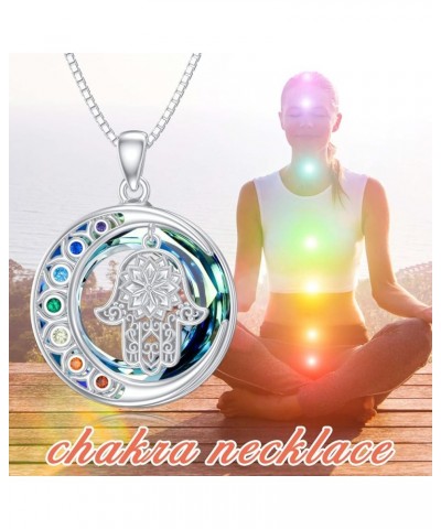 Chakra Triple Moon Goddess Lotus Hamsa Hand AA Crystal Necklace 925 Sterling Silver Lilith Hecate Medusa Witch Necklace Pagan...