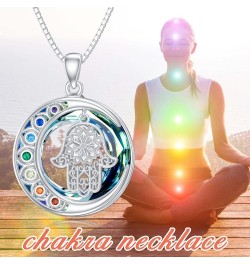 Chakra Triple Moon Goddess Lotus Hamsa Hand AA Crystal Necklace 925 Sterling Silver Lilith Hecate Medusa Witch Necklace Pagan...