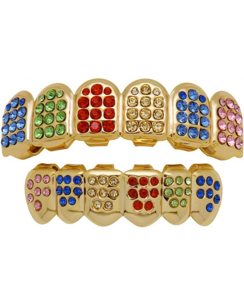 18K Gold Plated Hip Hop Teeth Grillz Caps Iced Out CZ Face Diamond Top and Bottom Grillz Set for Men Women Colorful $9.31 Bod...