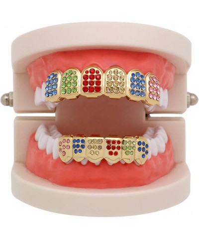 18K Gold Plated Hip Hop Teeth Grillz Caps Iced Out CZ Face Diamond Top and Bottom Grillz Set for Men Women Colorful $9.31 Bod...