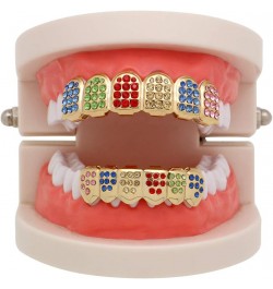 18K Gold Plated Hip Hop Teeth Grillz Caps Iced Out CZ Face Diamond Top and Bottom Grillz Set for Men Women Colorful $9.31 Bod...