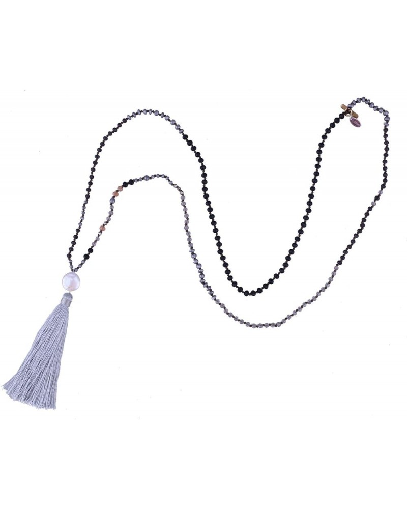 Long Tassel Necklace Natural Pearls Chains Necklaces Hand-Knotted Crystal Beaded Necklace Grey 13F $11.16 Necklaces