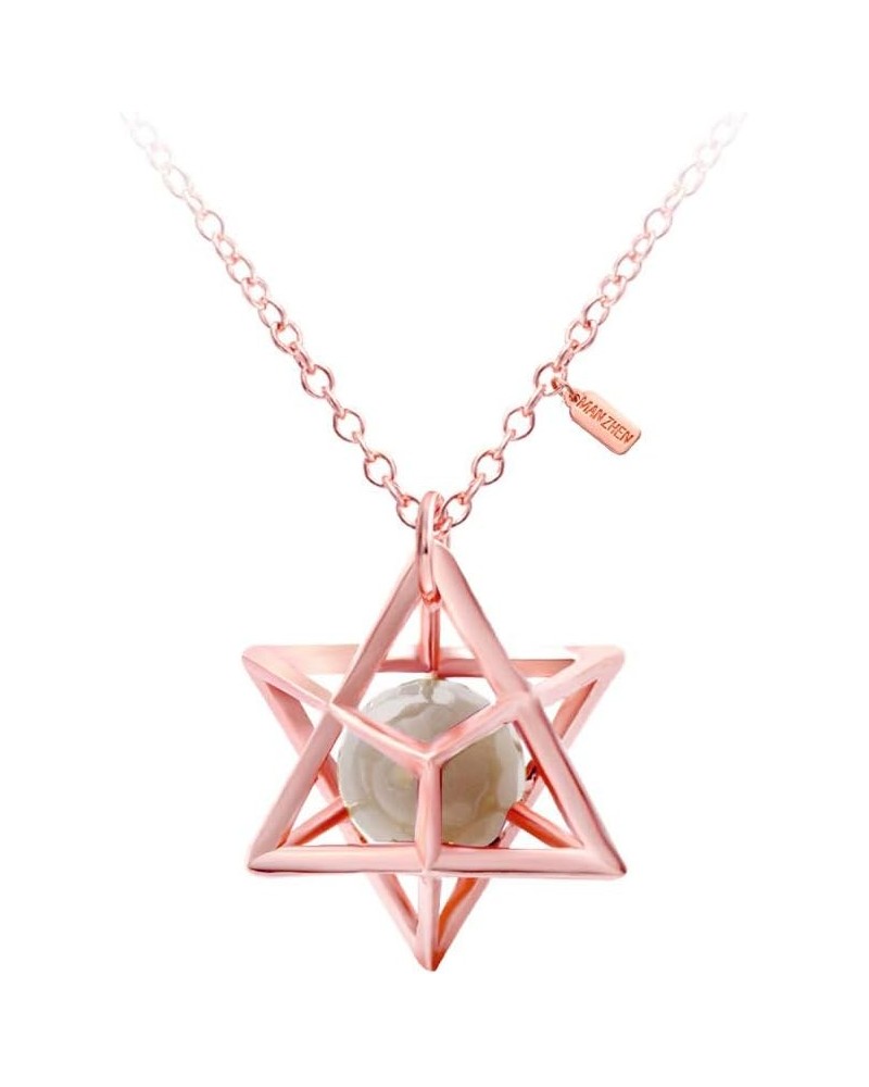 Eight Pointed Star Pendant Necklace 3D Geometry Star with Natural Stone Beige agate rose-gold-plated-base $11.10 Necklaces