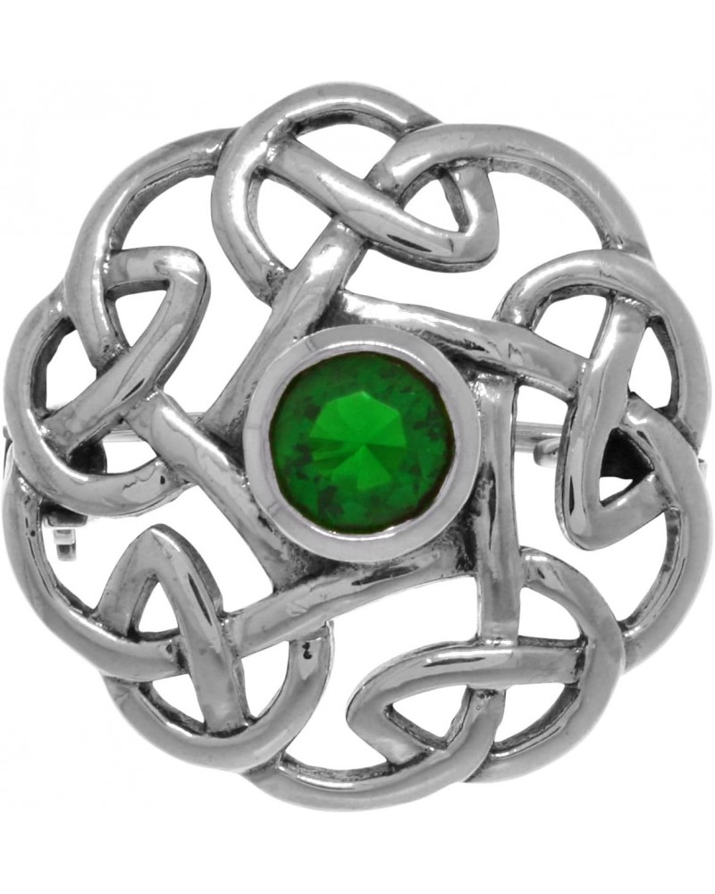 Round Irish Celtic Thistle Sterling Silver Brooch Pin with Simulated Emerald $35.19 Brooches & Pins