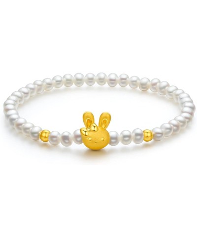 24K Solid Gold Bracelets for Women, Stretchable Real Gold Rabbit Freshwater Pearl Bangle Charm Bracelets, Pure Gold White Pea...