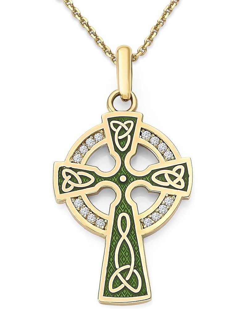 Celtic Cross Pendant Necklace in Solid 14k Gold with Diamonds, Green Enamel, Made in America 16" Necklace Yellow Gold $118.50...