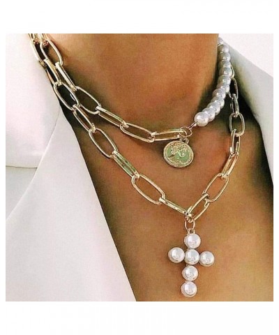 Boho Pearl Cross Necklace Gold Layered Choker Necklaces Coin Pendant Chain Necklace for Women $7.97 Necklaces