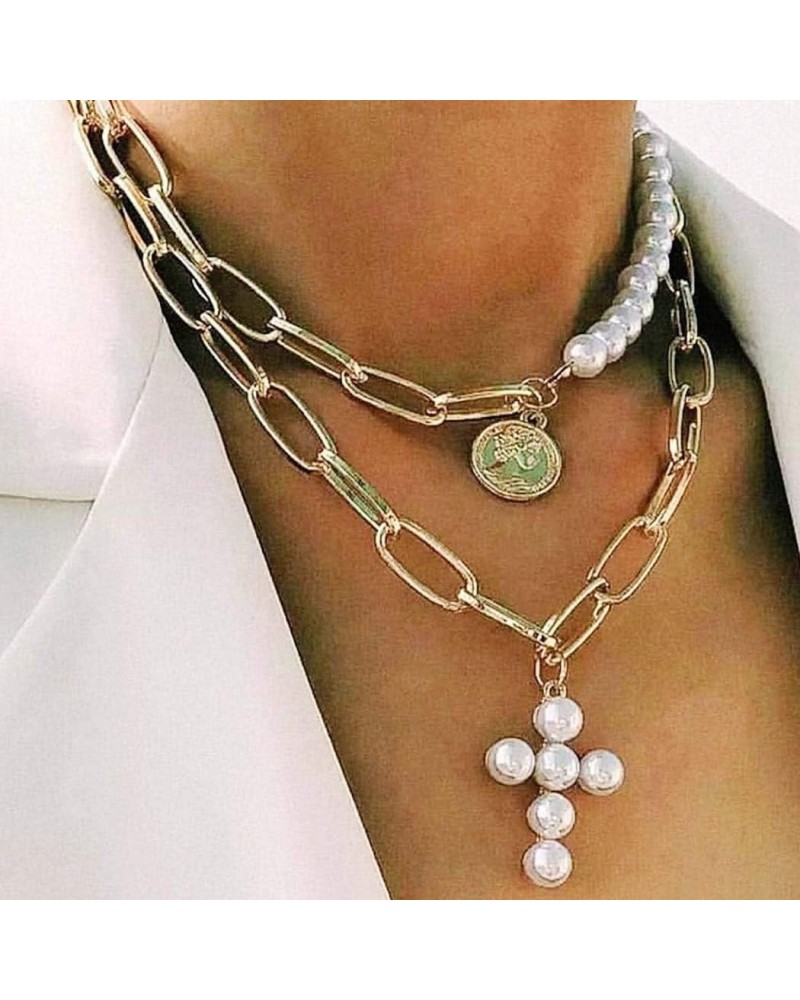 Boho Pearl Cross Necklace Gold Layered Choker Necklaces Coin Pendant Chain Necklace for Women $7.97 Necklaces