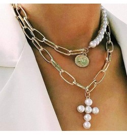 Boho Pearl Cross Necklace Gold Layered Choker Necklaces Coin Pendant Chain Necklace for Women $7.97 Necklaces