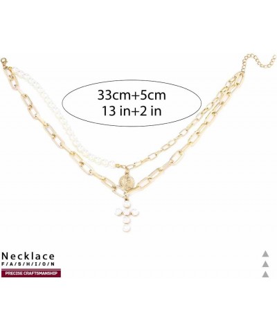 Boho Pearl Cross Necklace Gold Layered Choker Necklaces Coin Pendant Chain Necklace for Women $7.97 Necklaces