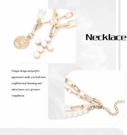 Boho Pearl Cross Necklace Gold Layered Choker Necklaces Coin Pendant Chain Necklace for Women $7.97 Necklaces