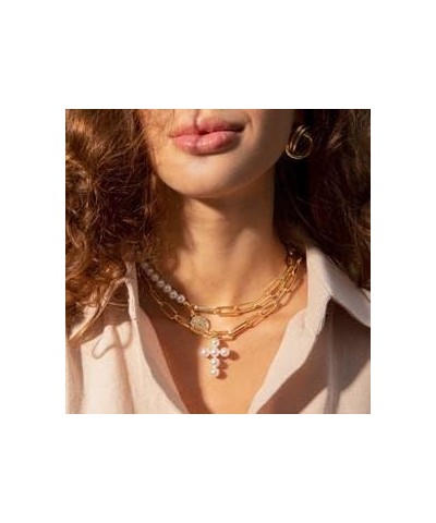 Boho Pearl Cross Necklace Gold Layered Choker Necklaces Coin Pendant Chain Necklace for Women $7.97 Necklaces