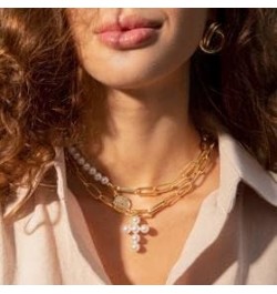 Boho Pearl Cross Necklace Gold Layered Choker Necklaces Coin Pendant Chain Necklace for Women $7.97 Necklaces