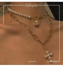 Boho Pearl Cross Necklace Gold Layered Choker Necklaces Coin Pendant Chain Necklace for Women $7.97 Necklaces