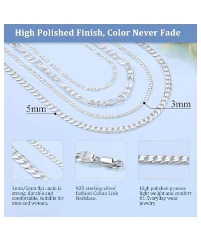 Solid 925 Sterlings Silver 3mm 5mm Flat Curb Cuban Link Chain/Figaro Chain Necklace, Hip Hop Jewelry for Men Women 14"/18"/20...